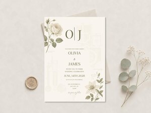 A cream-colored wedding invitation with green botanical illustrations and black text is centered on a light background, with a wax seal and eucalyptus sprigs.