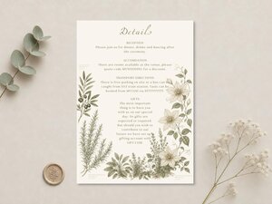 A cream-colored "Details" card with green botanical illustrations and black text is centered on a light background, with a wax seal.