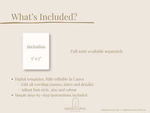 A white rectangular invitation card with the word "Invitation" and "5" x 7"" printed on it, next to the text "What's Included?" and "Full suite available separately".