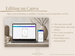 A laptop and a smartphone displaying a wedding invitation design with botanical illustrations, next to a white vase with dried plants.