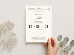 A hand holds a cream-colored wedding invitation with a running path graphic and text details, surrounded by sprigs of baby's breath and eucalyptus.
