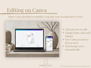 A laptop and a smartphone displaying a wedding invitation design with a line drawing of a wedding cake, next to a list of editing features in Canva.