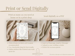 Two images side-by-side: one showing printed wedding invitations next to a printer, and the other showing a smartphone displaying a wedding invitation.
