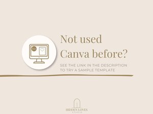 A light beige background with a brown line under the text: "Not used Canva before? See the link in the description to try a sample template." A circular icon to the left shows a computer screen with the Canva logo and a heart.
