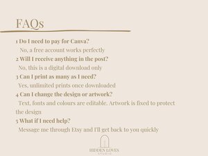 A list of five frequently asked questions about the digital template, with their answers, on a cream background.