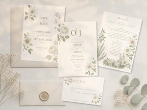 A cream-colored wedding invitation suite with green floral designs, including a save-the-date, RSVP card, and details card, arranged on a light fabric surface with a wax seal and eucalyptus leaves.