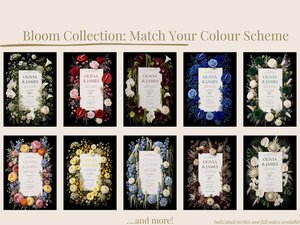 Ten wedding invitation cards are displayed in two rows of five, each featuring a different color scheme of floral borders on a black background.