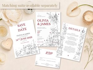 A set of white wedding stationery, including an invitation, save the date, details card, and RSVP card, all with red text and line art, are arranged on a white surface.