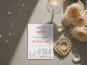 A white "Save the Date" card with red text and black line art lies on a gray surface, next to a glass of champagne, pink roses, and pearls.