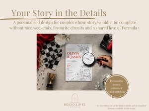 A wedding invitation with red text and black line art, showing a race car track and floral designs, is magnified by a hand-held glass, surrounded by a red flag, checkered flag, trophy, and disco ball, with text overlays.