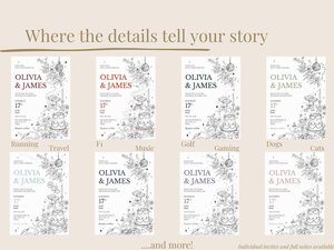 Eight wedding invitations are displayed in two rows of four, each with the same text but different line-drawn themes like running, travel, F1, music, golf, gaming, dogs, and cats.