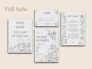 Four white cards with purple text and line art, including a controller, a cake, and a potion bottle, are arranged on a beige background, showing a save the date, RSVP, details, and invitation.