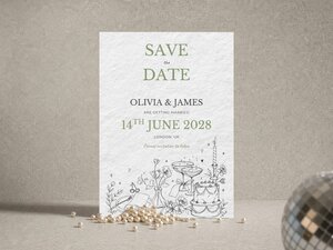 A Save the Date card with green text and black line art illustrations of flowers, champagne glasses, and a wedding cake, next to a disco ball and scattered pearls.