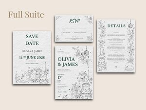 Four white cards with green text and golf-themed line art are arranged on a beige background, displaying a "Save the Date," "RSVP," "Details," and "Full Suite" invitation.
