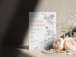 A white wedding invitation with a black line-art border of flowers, books, and a cake, with pink text for "Olivia & James" and event details, stands upright on a gray surface with a glass of champagne and pink roses.