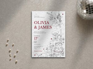 A wedding invitation with red text and black line art illustrations of running-themed elements, with scattered pearls and a blurred disco ball in the foreground.