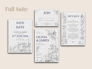 Four white paper cards with black line art of flowers and musical instruments are arranged on a beige background, labeled "Full Suite" in the top left corner.
