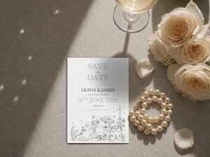 A save-the-date card with travel-themed line art and text for "Olivia & James" is on a gray surface next to roses and a pearl bracelet.