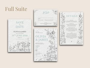 A full suite of four wedding stationery cards: Save the Date, RSVP, Details, and a main invitation, all with light blue line art illustrations.