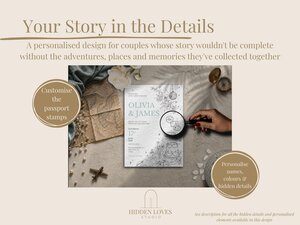 A wedding invitation rests on a flat lay surface surrounded by a map, compass, small airplane figurine, and flowers, with a hand holding a magnifying glass over the card.