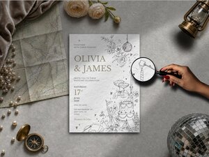 Elegant camping wedding invitation featuring illustrated outdoor details, toasted marshmallows, camping tent elements, a personalised camp flag and an editorial wedding design editable in Canva.