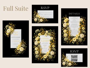 Display of various black wedding invitation templates including Save the Date, RSVP, and Details cards decorated with yellow and white flowers.