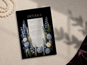 A details card with the word DETAILS at the top features a black background and blue and white floral arrangements along the sides.