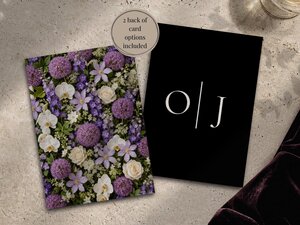 Two sides of a wedding invitation are shown, one featuring purple flowers and the other a black back with monograms.