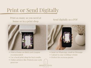 An infographic explains printing and digital sharing options for the wedding stationery template.