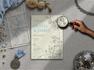 Elegant cycling wedding invitation featuring illustrated bike details, a cycling helmet hanging from a disco ball, a bicycle beside the wedding cake and personalised elements within an editorial wedding design editable in Canva.