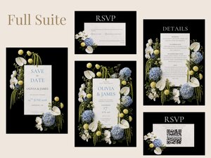 Full suite of wedding stationery templates laid out on a light background, including invite, RSVP, and details cards.