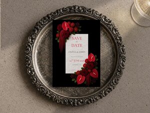 A save the date card featuring red floral corner accents centered inside a decorative antique silver tray on a textured surface.