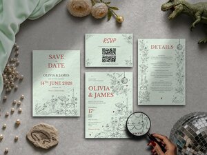Editorial wedding invitation suite featuring hidden prehistoric details including a pterodactyl flying above a disco ball, a T-Rex hidden amongst the flowers, a brontosaurus beside the wedding cake and personalised champagne coupe initials.