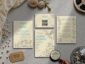 Editorial wedding invitation suite featuring a film reel displayed behind a disco ball, popcorn incorporated into the tablescape beside the wedding cake, personalised film title details and custom champagne coupe initials within an elegant cinema-inspired design.