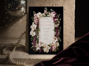 Blush pink floral wedding invitation featuring blush pink roses, white phalaenopsis orchids, magnolia blooms, Queen Anne's lace and cascading amaranthus on a dramatic black background.