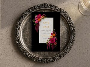 wedding invitation,save the date,digital download,canva template,floral save date,orange marigolds,pink fuchsia zinnias,bengali gaye holud,hindu genda,dark moody floral,gothic romance,tropical florals,colourful blooms