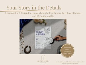 A wedding invitation is displayed on a textured grey surface with a magnifying glass held over it, accompanied by a horseshoe and pearls.
