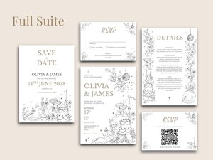 A digital graphic showing a full suite of wedding stationery items with matching illustrations and text.