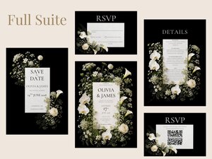 A collection of stationery pieces labelled Full Suite, featuring black backgrounds, white flower clusters, and white cards with event text and a QR code.
