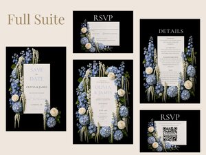 Full suite of wedding invitation templates against a beige background, featuring black cards framed by blue hydrangeas and white roses.