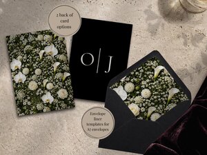 Two card back options featuring white flowers and a black card with monogram initials alongside an open envelope with a floral liner.