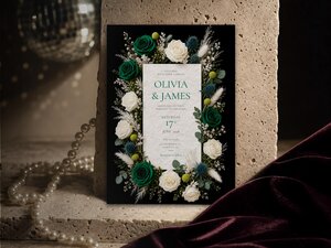 The wedding invitation card with dark floral borders is propped against a textured stone backdrop with pearls nearby.
