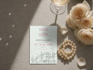 A save the date card resting on a grey surface alongside a string of pearls, pale pink roses, and a glass of champagne.