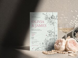 The wedding invitation stands upright beside two pale pink roses, a strand of pearls, and a champagne glass.