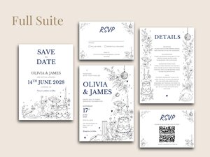 A full suite of wedding stationery including a save the date, invitations, details card, and RSVP cards with blue text and black-and-white botanical illustrations.