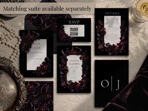 A complete wedding stationery suite including invitations, RSVP cards, details cards, and envelopes with dark moody floral designs.