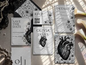 Anatomical heart wedding invitation suite with vintage engraved artwork, botanical details and refined typography in a black and ivory dark romance design.
