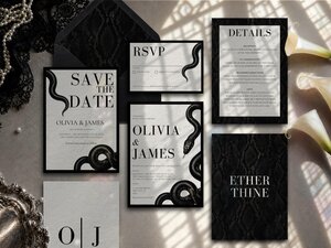 Fashion editorial wedding invitation suite featuring elegant serpent artwork, refined typography and luxury dark romantic styling.