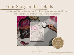 A flat lay featuring festival-themed wedding stationery, a VIP wristband, pearls, and a hand holding a magnifying glass over a card.