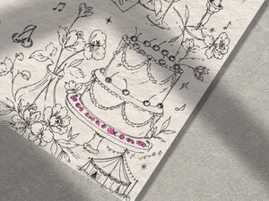 Close-up of the illustrated section of the wedding invitation showing a multi-tiered cake, flowers, and a festival tent outline.